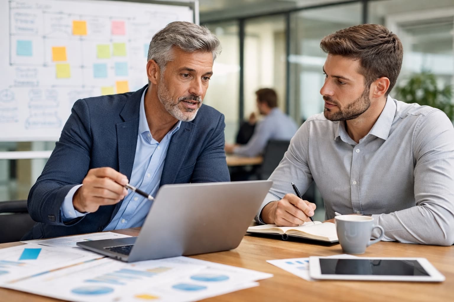 Líder orienta gestor mais jovem durante reunião estratégica em sala corporativa, analisando documentos e indicadores sobre a mesa.