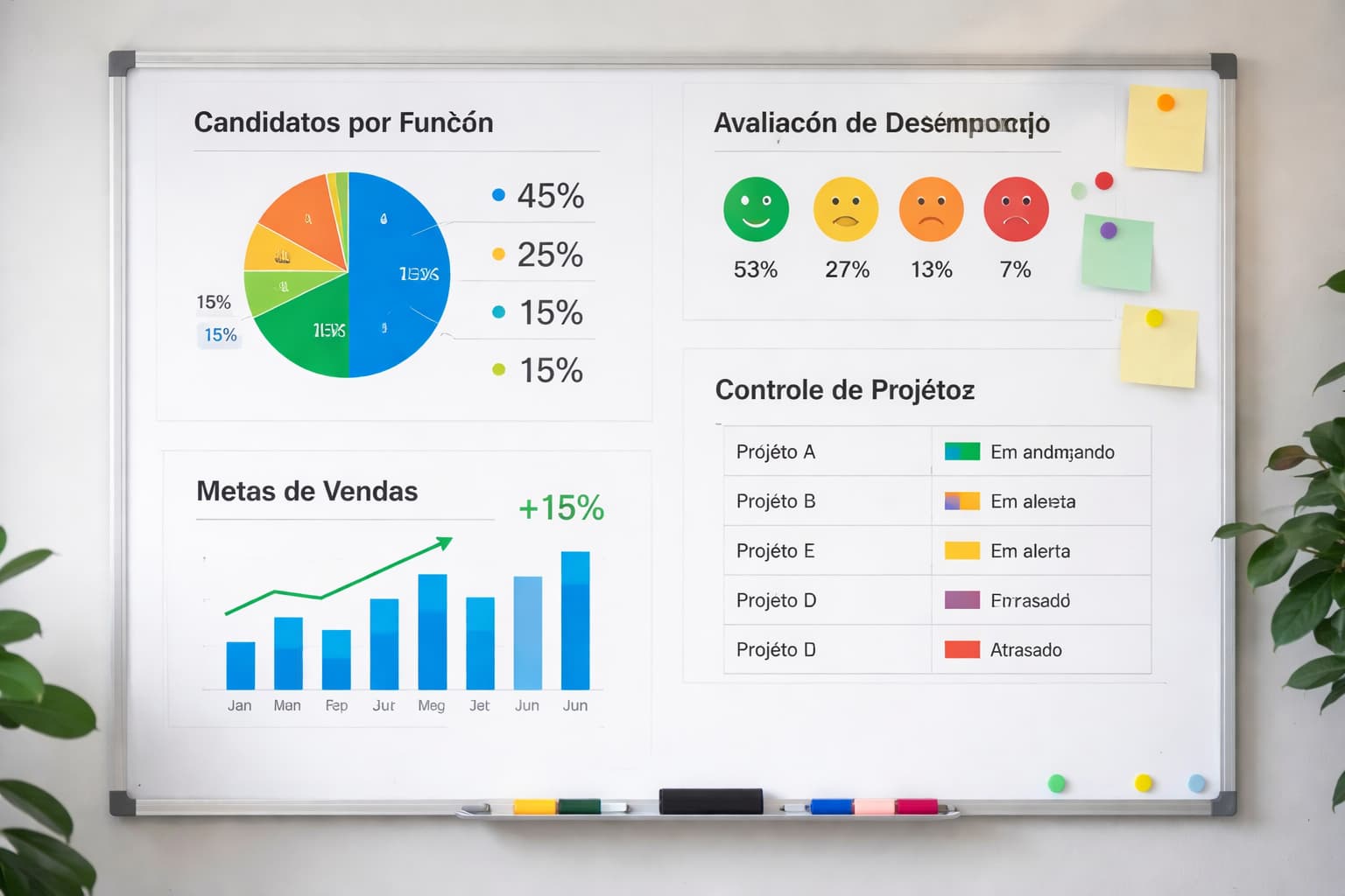 Quadro branco com gráficos, métricas e status de projetos organizados visualmente para acompanhamento de desempenho