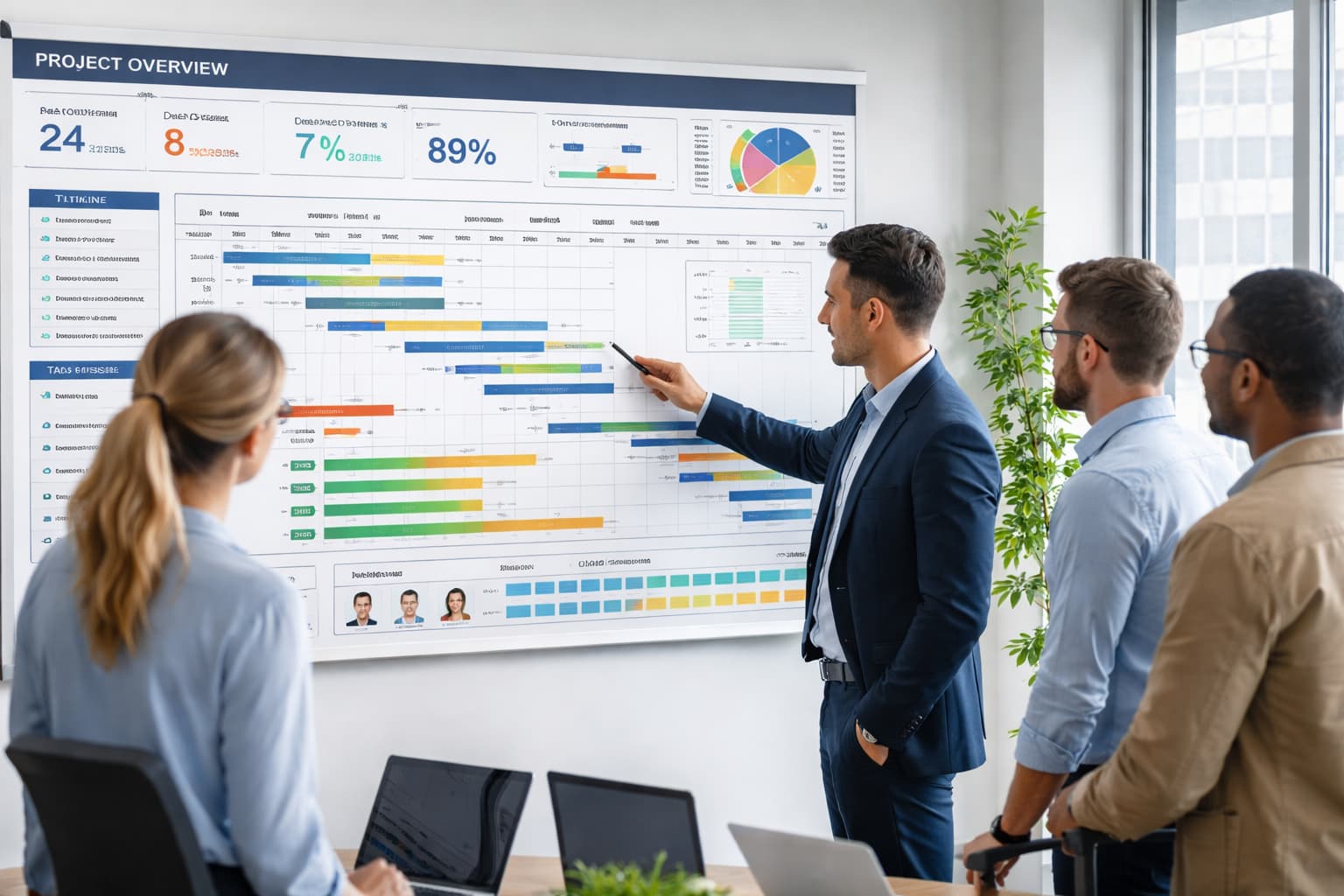 Quadro com indicadores e fluxos organizados em um ambiente corporativo, contrastando com áreas desordenadas que representam falta de controle na gestão
