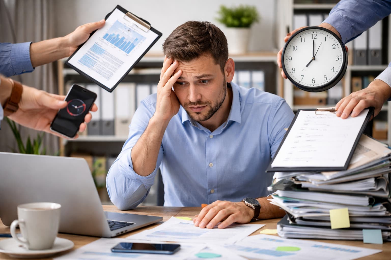 Homem sentado à mesa de trabalho com expressão de tensão enquanto várias mãos ao redor apresentam documentos, celular e relógio ao mesmo tempo
