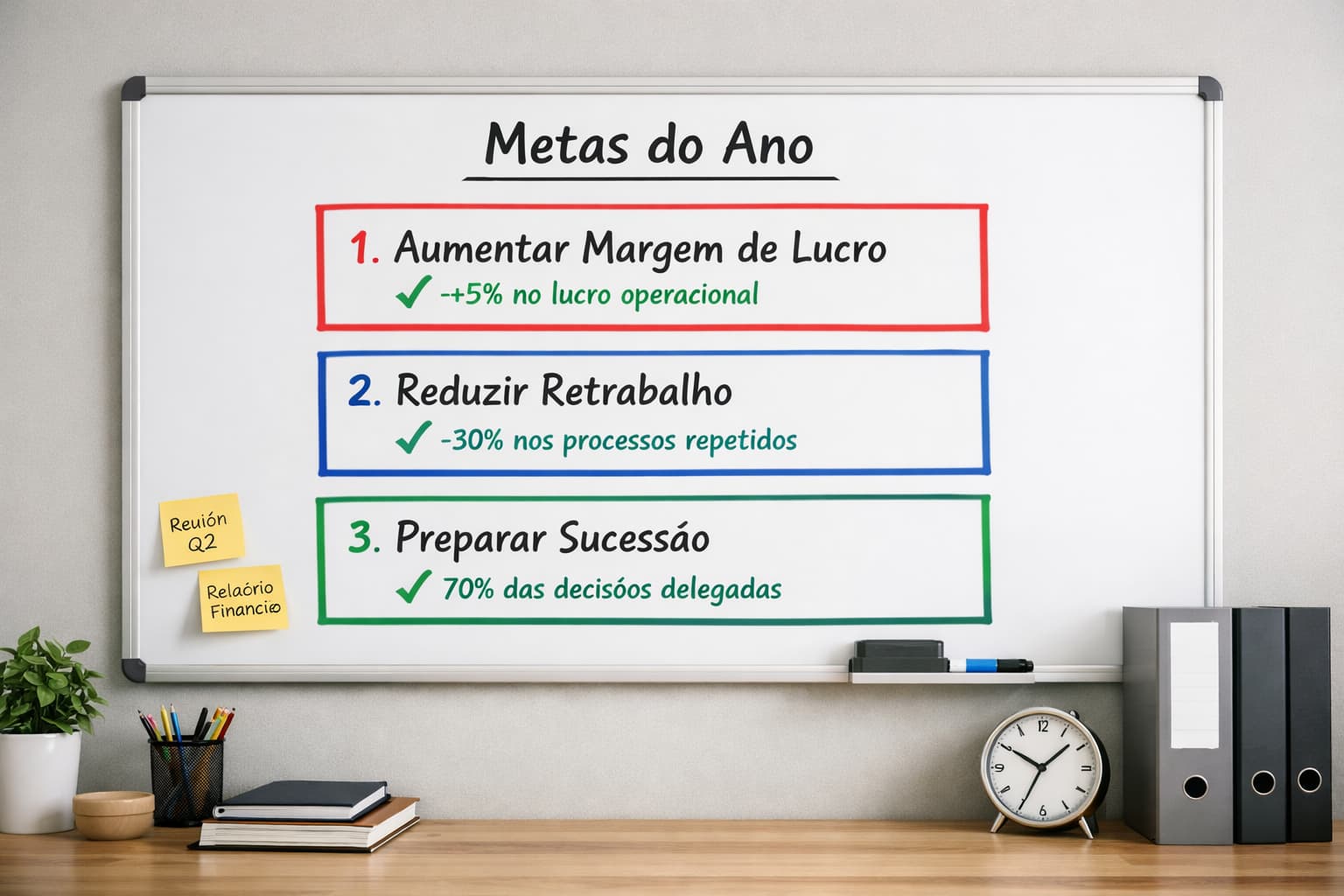 Quadro branco em escritório com três metas do ano organizadas, cada uma destacada com indicador de resultado e marcação de prioridade.