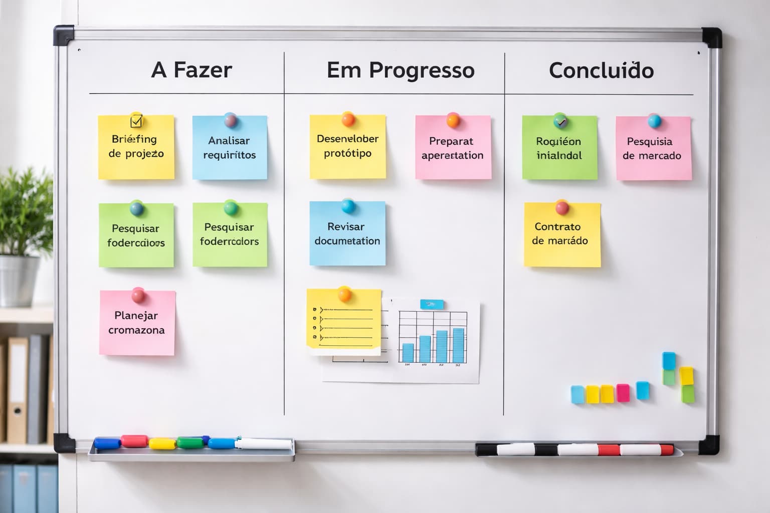 Quadro branco com colunas de tarefas como “a fazer”, “em progresso” e “concluído”, preenchido com notas adesivas organizadas por status