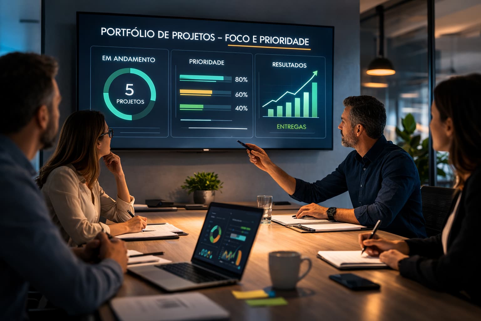 Executivos em sala de reunião analisando painel com número reduzido de projetos e gráficos de desempenho em tela