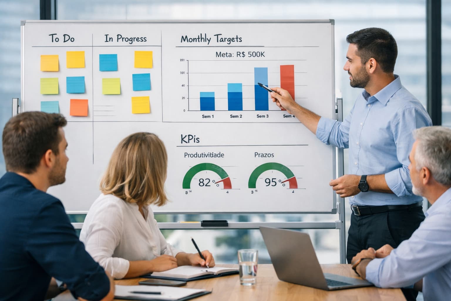 Equipe reunida em sala corporativa enquanto um gestor apresenta metas mensais e indicadores de desempenho em um quadro branco com gráficos e notas adesivas.
