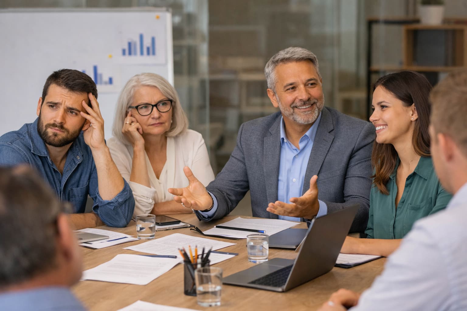 Equipe em reunião corporativa com pessoas demonstrando expressões diferentes, algumas confusas e outras seguras durante discussão
