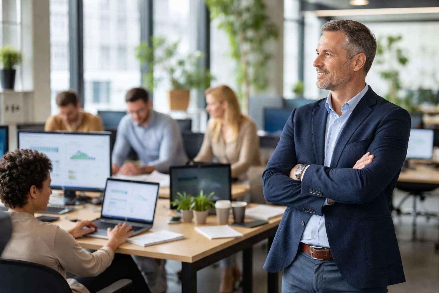 Empresário observa equipe trabalhando de forma estruturada em escritório moderno, com profissionais focados em tarefas e uso de computadores
