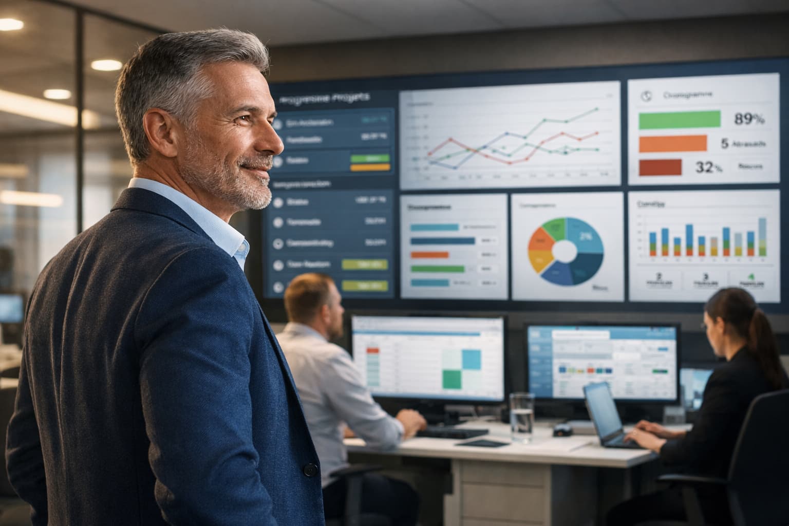 Homem observa telas com dashboards enquanto equipe trabalha em um ambiente corporativo organizado