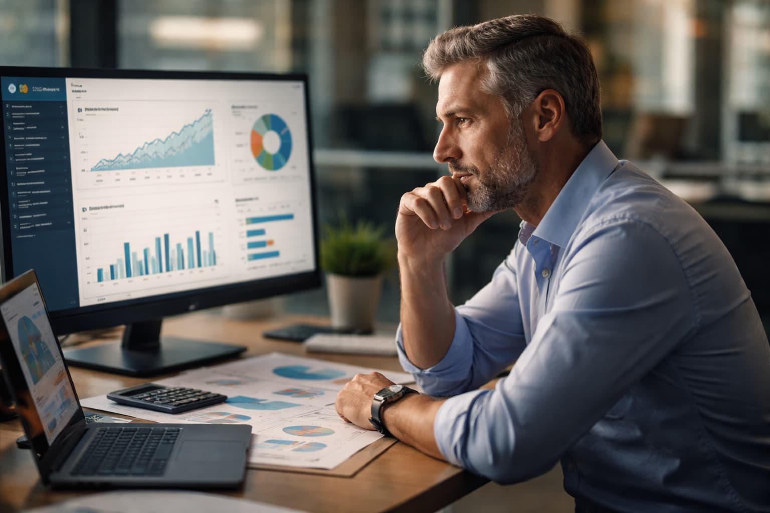 Empresário sentado em frente a telas com gráficos e relatórios, observando dados de desempenho com expressão concentrada