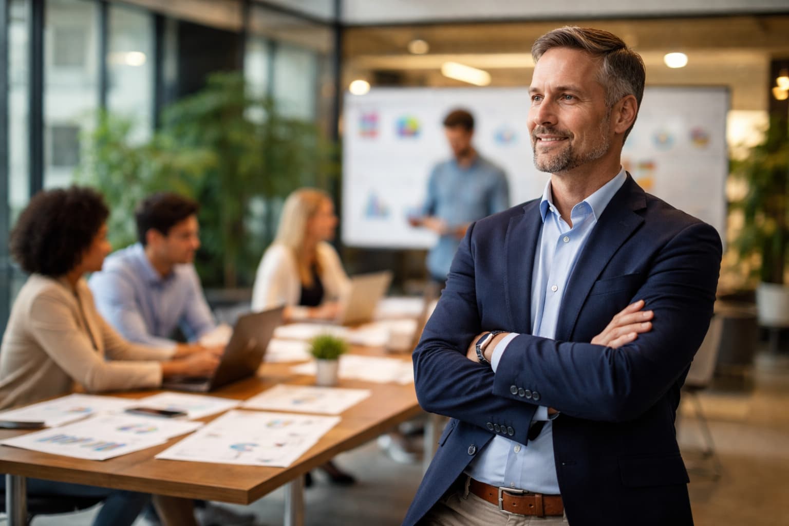Homem de negócios observa equipe trabalhando em reunião enquanto analisa gráficos ao fundo