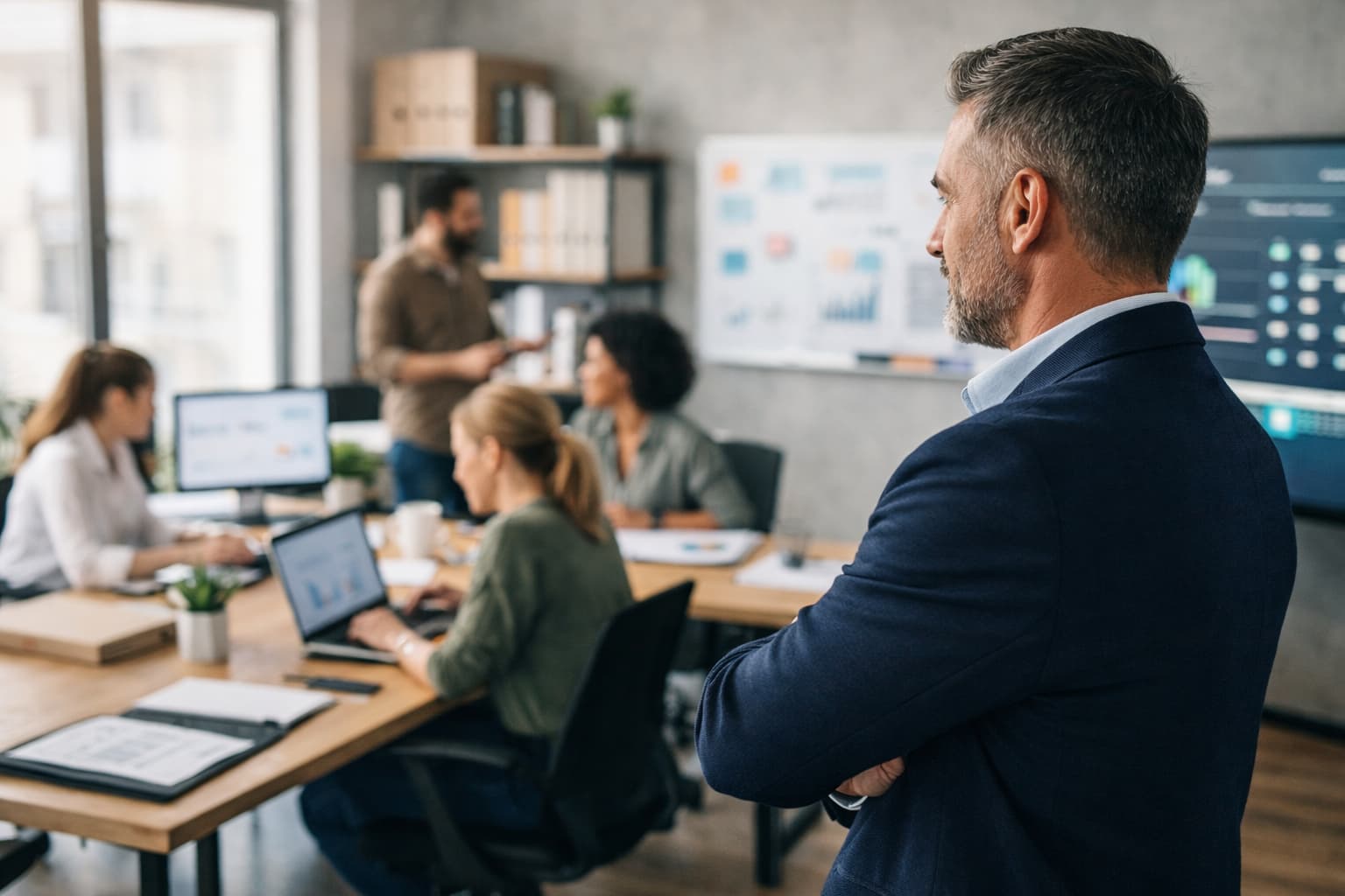 Empresário em pé observa equipe trabalhando de forma independente em escritório organizado com indicadores ao fundo