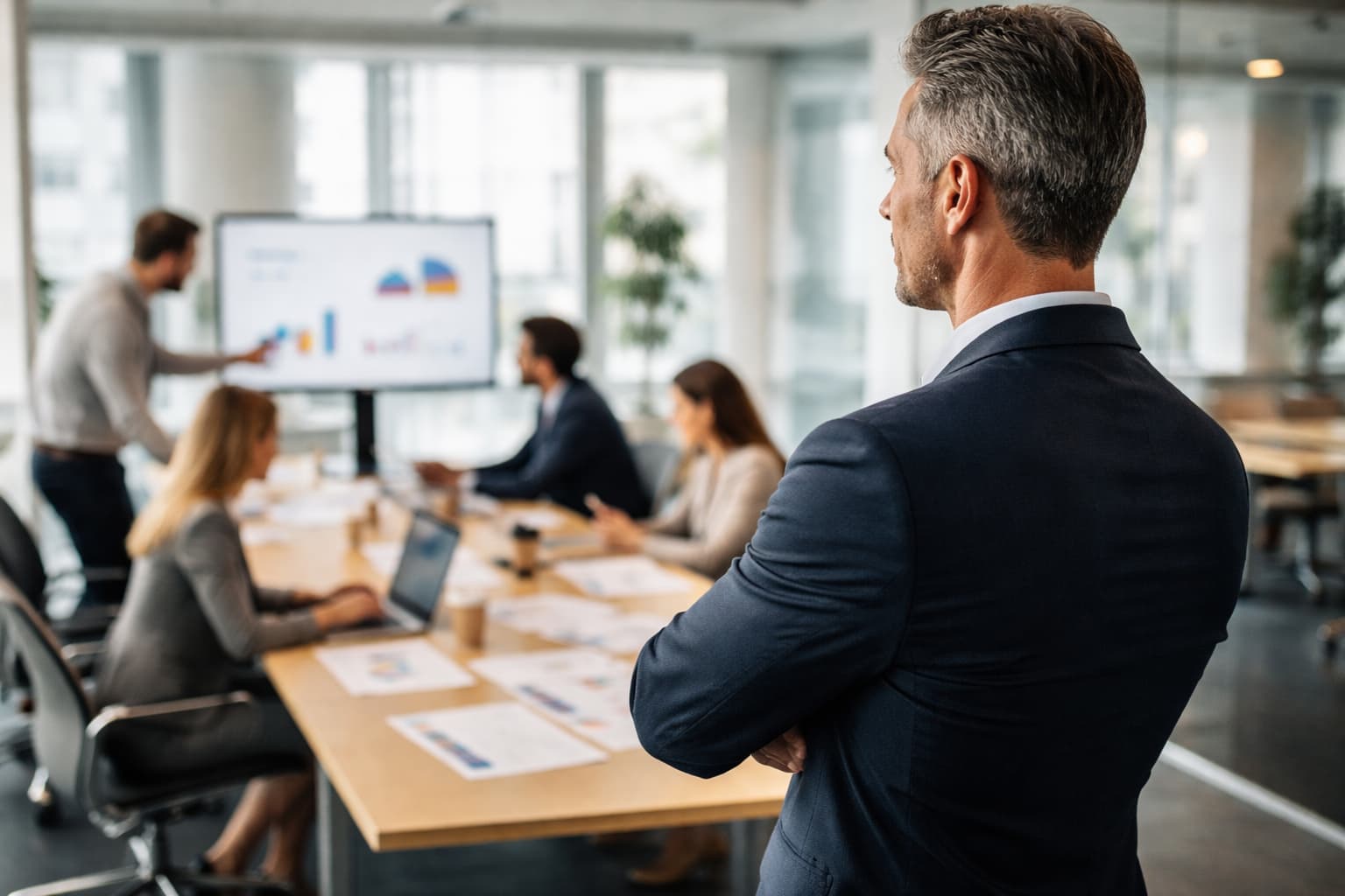 Empresário de pé observa equipe reunida conduzindo reunião com indicadores em escritório organizado