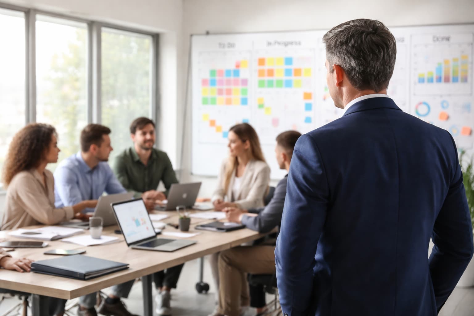Gestor em pé observa equipe reunida em mesa de trabalho enquanto analisam tarefas em um quadro de projetos ao fundo