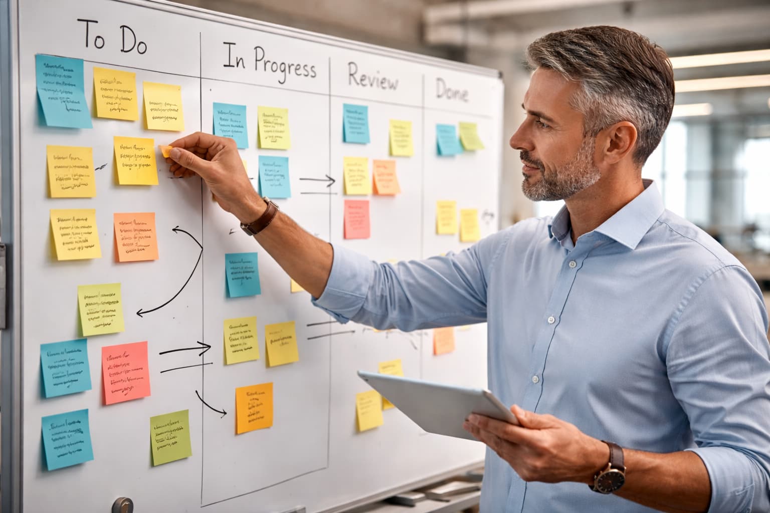 Gestor ajusta tarefas em quadro de projetos com post-its e tablet em ambiente corporativo