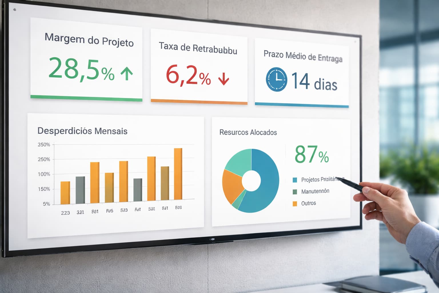Tela com poucos indicadores de desempenho e gestor apontando dados em um painel corporativo