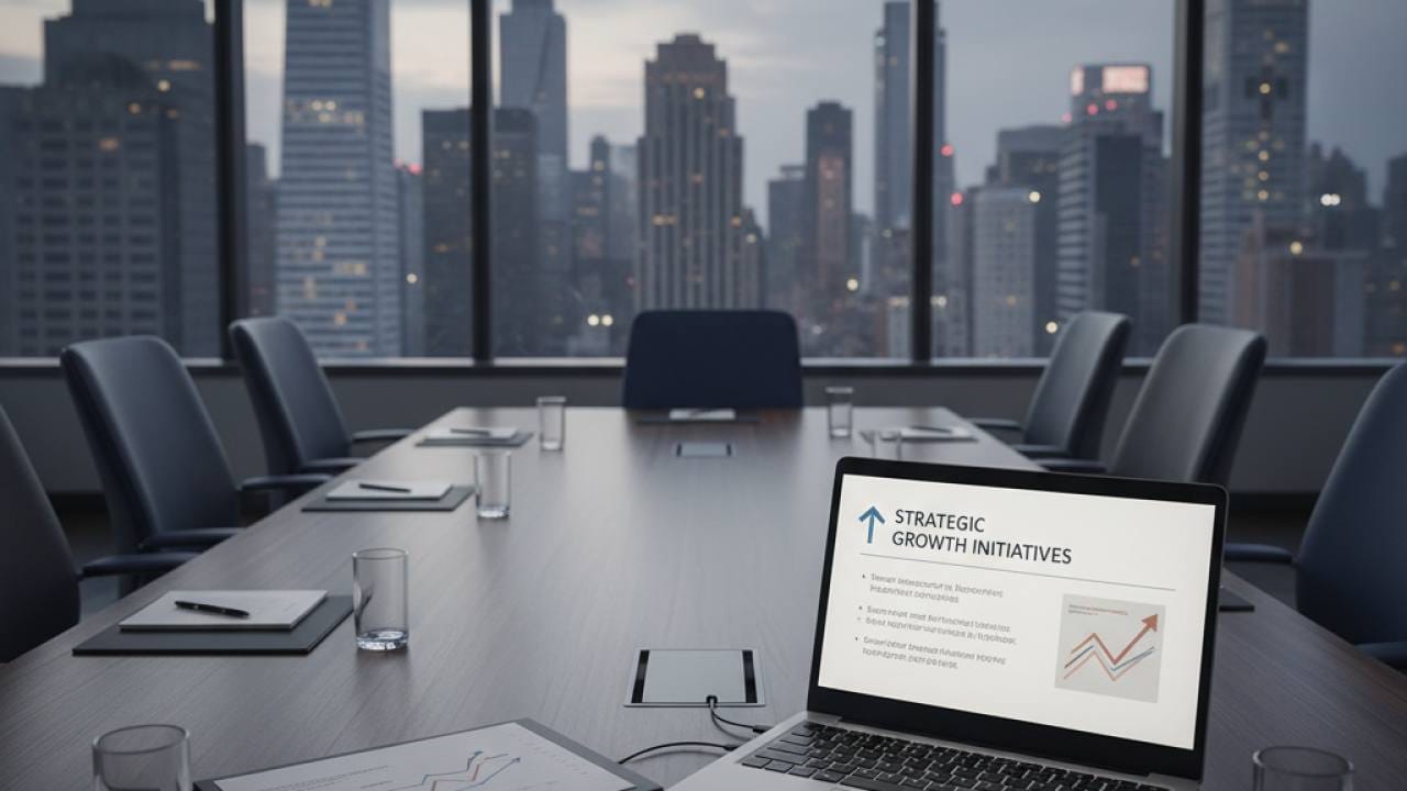 Mesa de conferência com documentos e vista urbana ao fundo