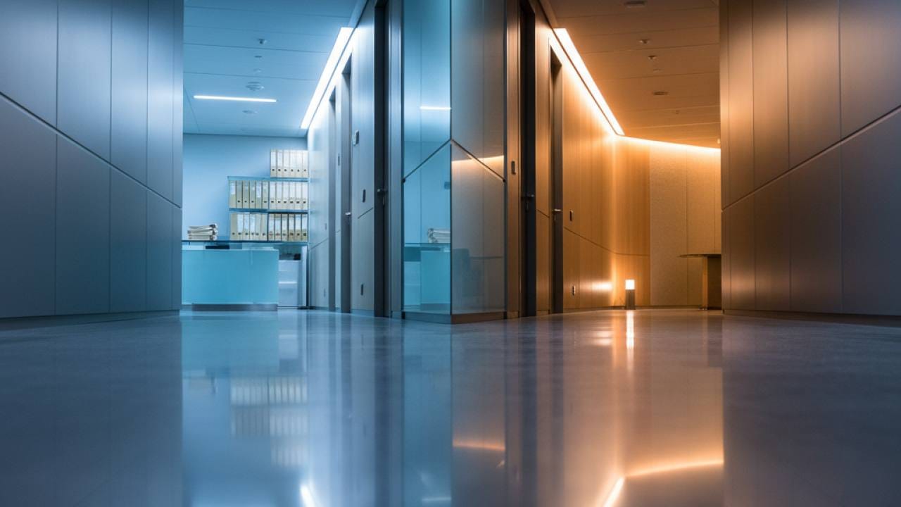 Corredor corporativo moderno se dividindo em dois caminhos, com iluminação fria em um lado e quente no outro, simbolizando a escolha entre recuperação judicial e extrajudicial
