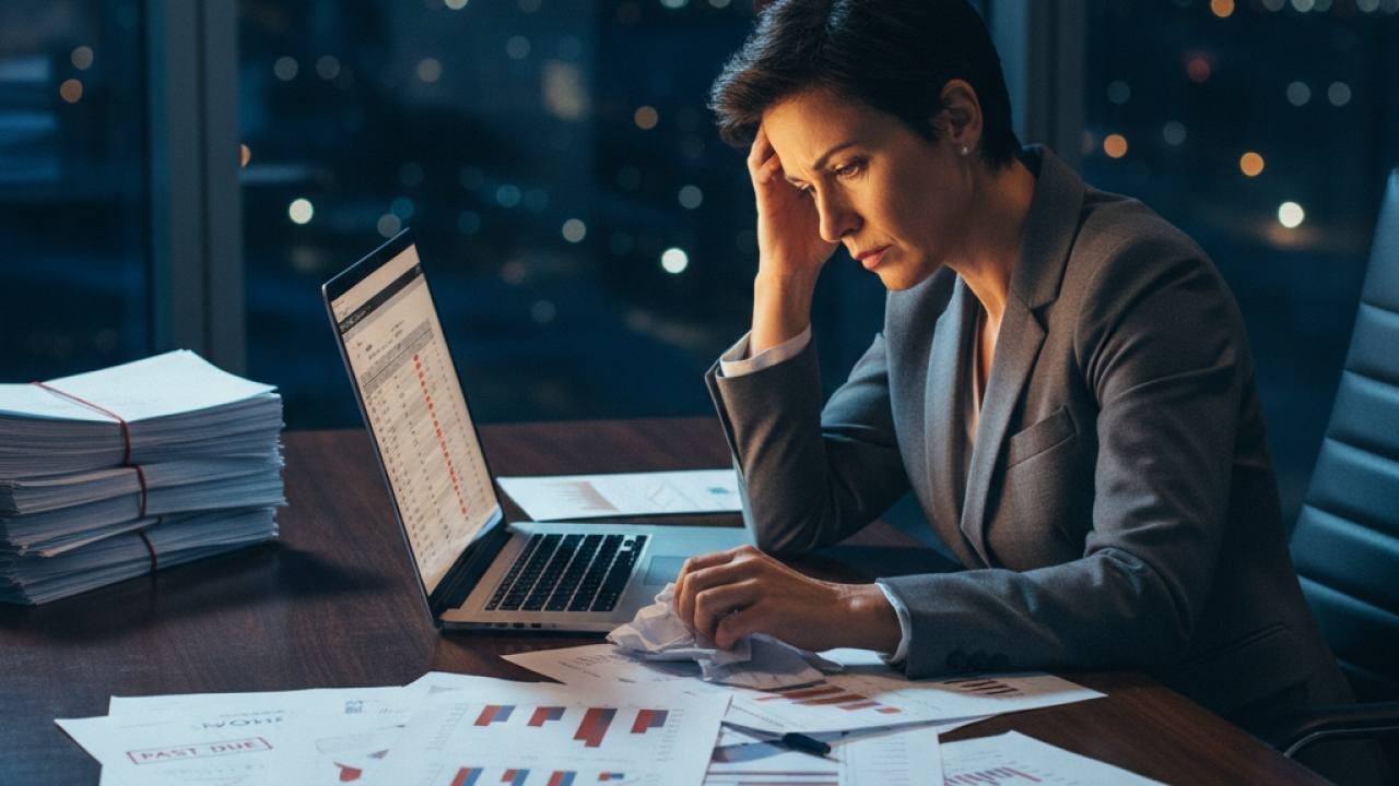 Homem de negócios sentado em escritório moderno observando documentos financeiros com gráficos em queda e planilha de fluxo de caixa na tela do computador