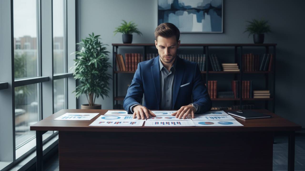 Especialista em escritório moderno analisando documentos financeiros sobre insolvência
